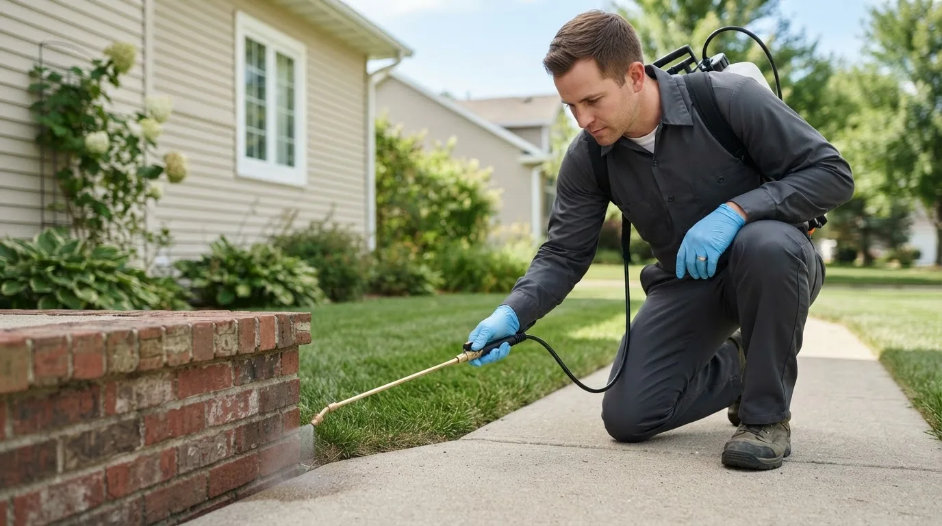 Pest control technician treating a home near Denmark, WI